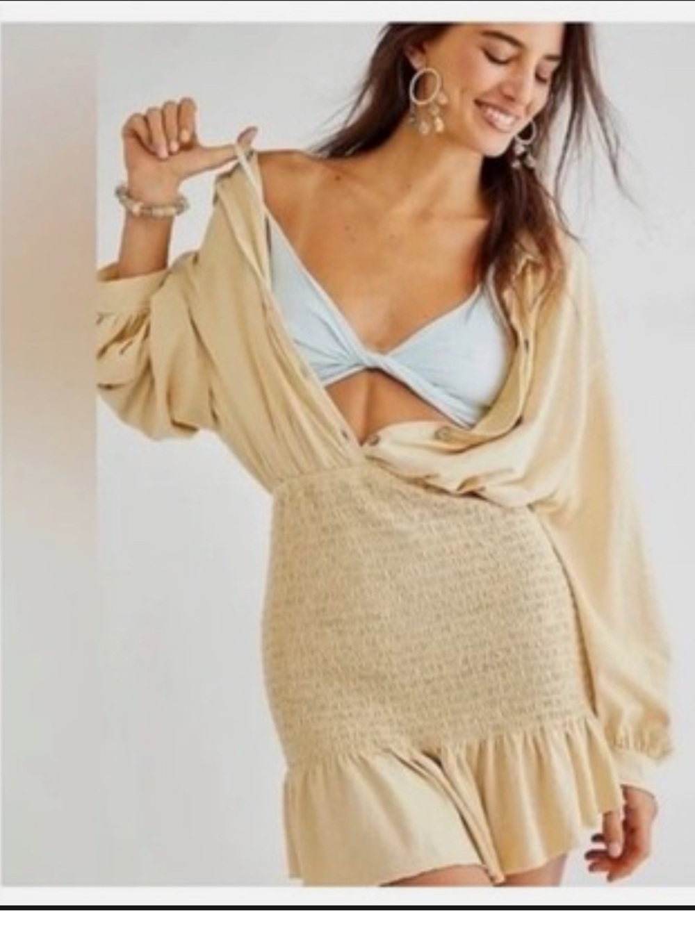 Free People Beach Cream Smocked Waist Mini Dress Size Small Never Worn.